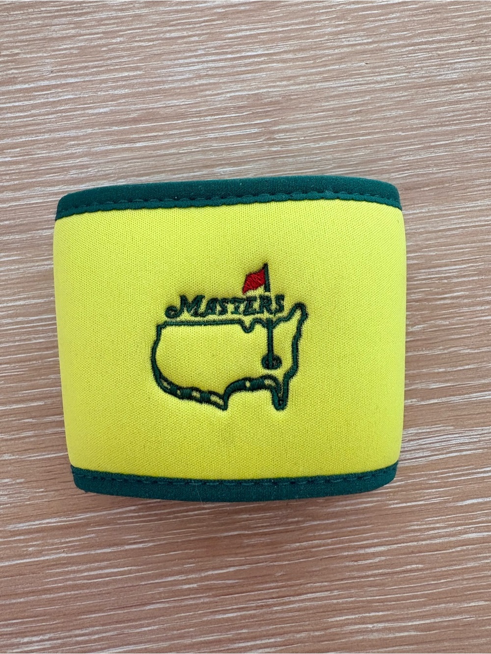 Masters Yellow and Green Neoprene Can Cooler with Embroidered Logo